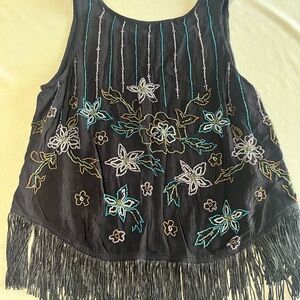 Idyllwind Black Floral Embroidered Fringe Tank Top XS
